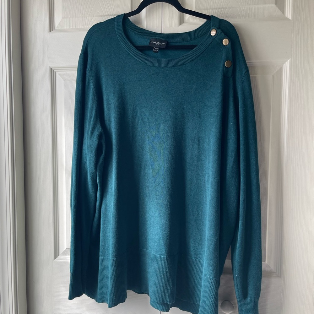 Lane Bryant Teal Crew Neck Sweater with Button Detail